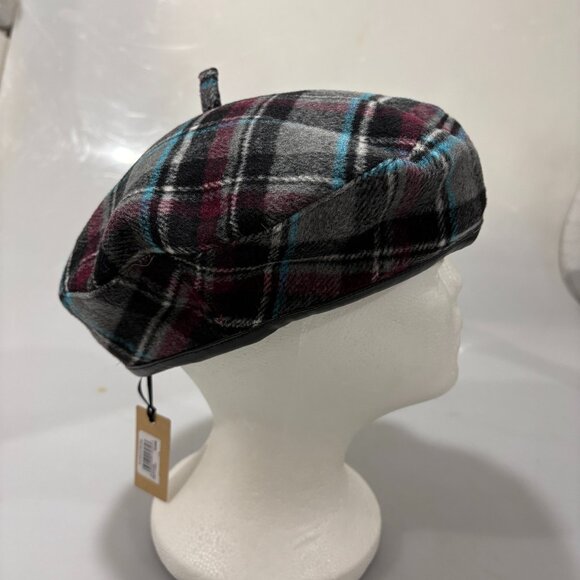 Halogen Accessories - Halogen Gray Burgundy Blue Lined Beret Hat One Size NEW